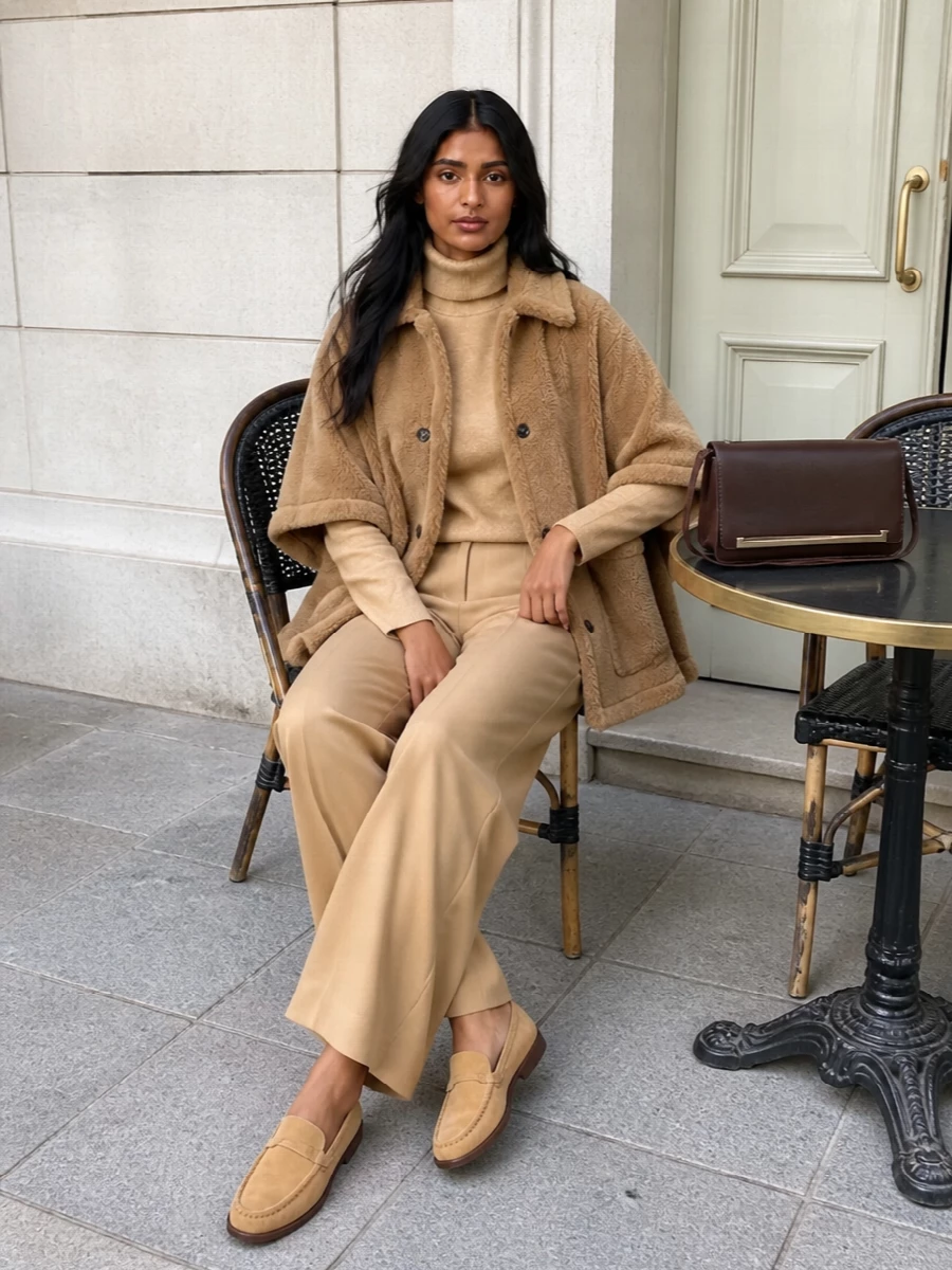Max mara camel cape wide leg trousers outfit