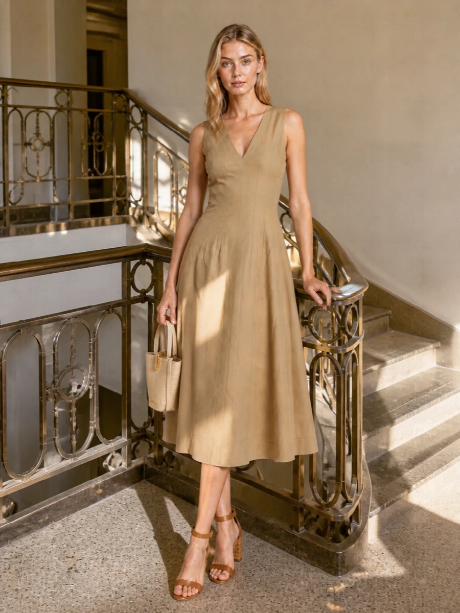 A sand-toned Bottega Veneta midi with the Aquazzura block-heel sandal creates an elongated, sun-warmed column that feels considered without reading formal. The woven heel and clean seaming quietly echo each other, while the Jacquemus mini bucket keeps everything light, modern and city-ready. This path beats a top-and-trouser combination here because the single neutral column lets the shoe’s texture and soft caramel notes stand out instead of competing with additional tailoring lines.