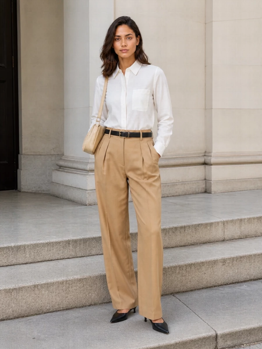 Sportmax camel trousers ivory shirt prada mules