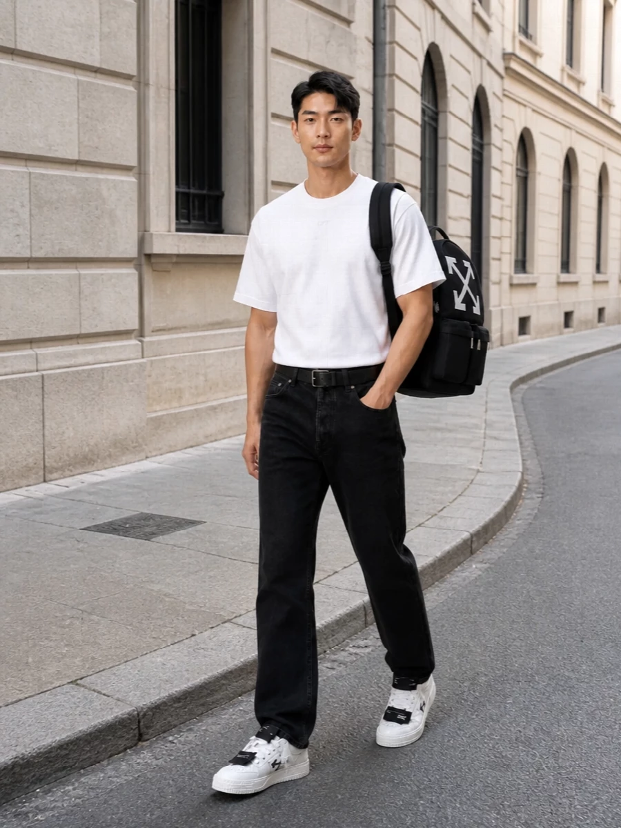 A crisp white Off-White tee is anchored by washed-black straight-leg denim for a clean, monochrome streetwear silhouette that feels sharp yet relaxed. White Off-White sneakers keep the palette light and graphic, while a minimal black belt and bold-arrow backpack pull the outfit together with subtle structure and functional edge. It’s an easy, everyday SS uniform that reads modern and intentional without trying too hard.