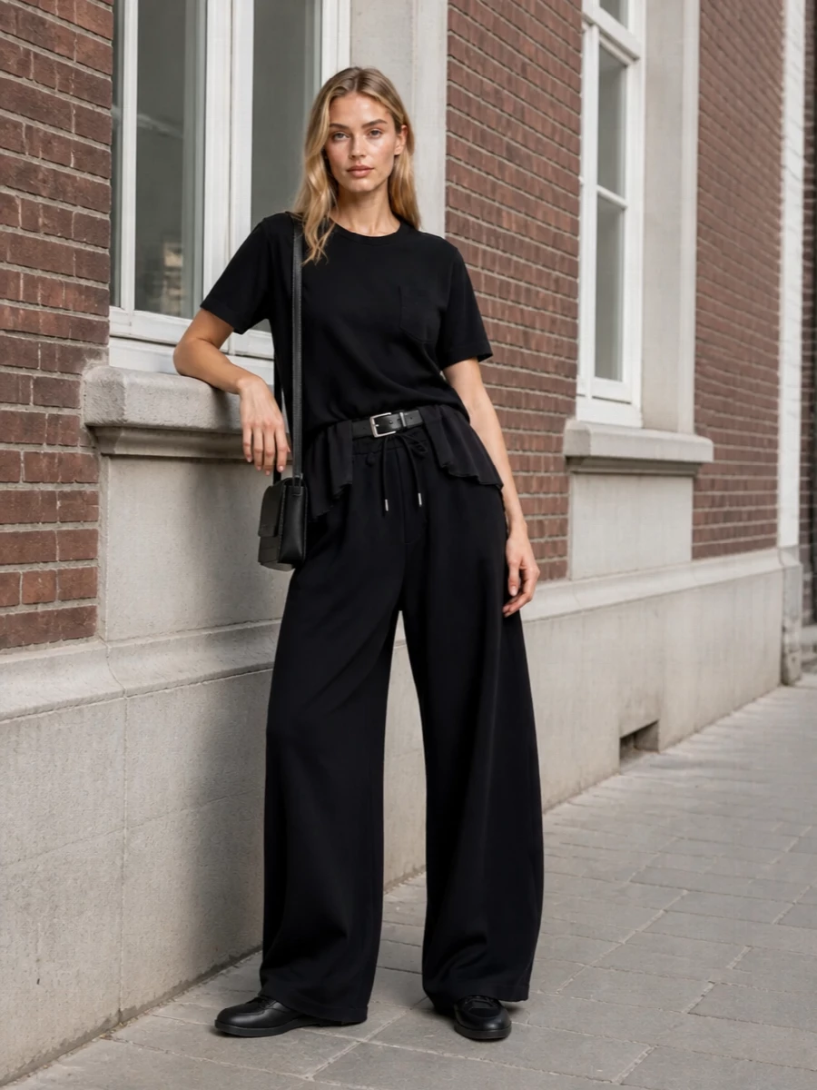 Sacai wide leg trousers hybrid black tee outfit