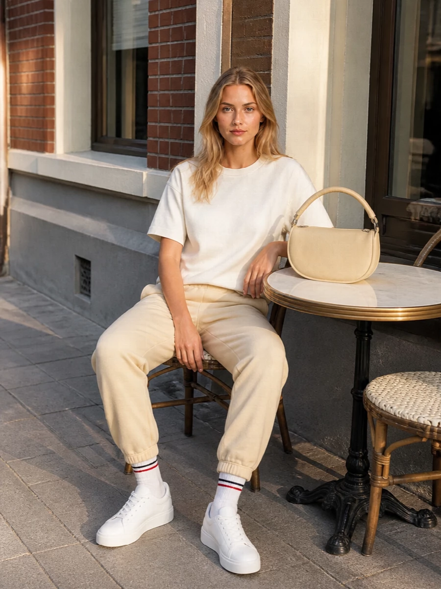 Burberry beige joggers ivory tee white sneakers
