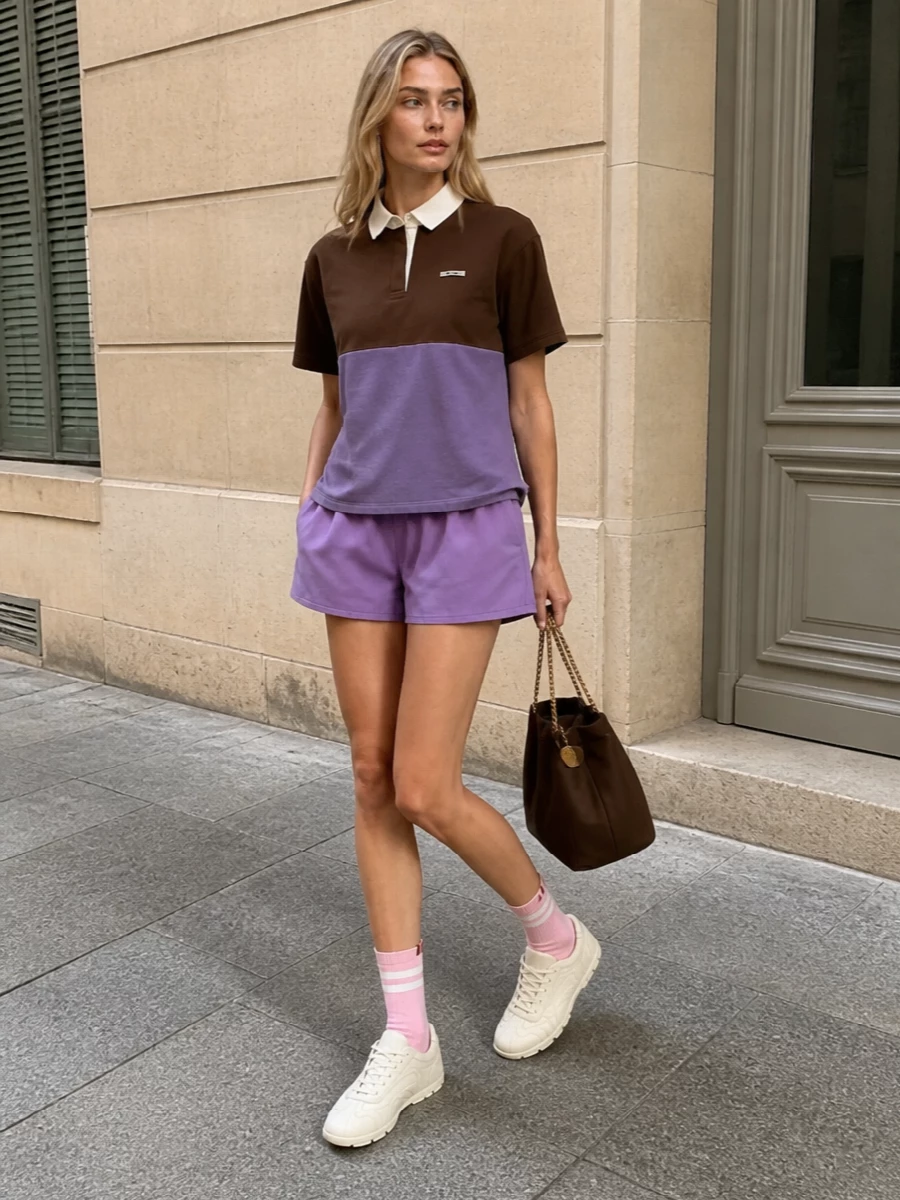 This look leans into a refined, sporty preppy mood: the chocolate-and-lilac boxy polo sits over crisp lilac shorts for a clean, tonal play on color-blocking. Buttercream sneakers and a chocolate slouchy tote keep the palette soft and elevated, while blush socks add a discreet, playful accent that still feels quietly luxurious. It’s an easy SS uniform that feels directional without trying too hard.
