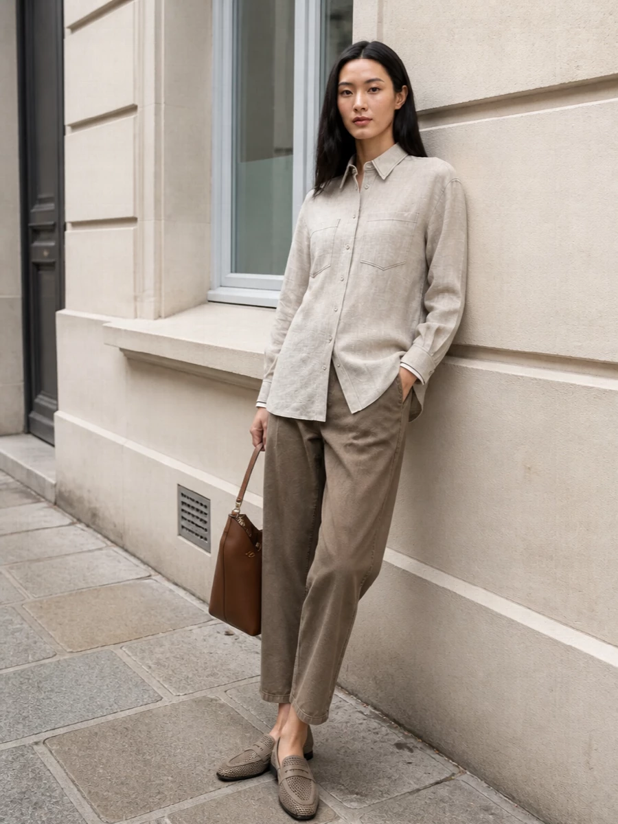 This look leans into a refined neutral story: relaxed taupe Brunello Cucinelli trousers paired with a light taupe longline shirt create an elongated, softly tailored silhouette. Perforated taupe loafers keep it light and polished for warm weather, while the caramel-and-chocolate hobo bag adds depth and texture without breaking the understated, quiet-luxury mood.