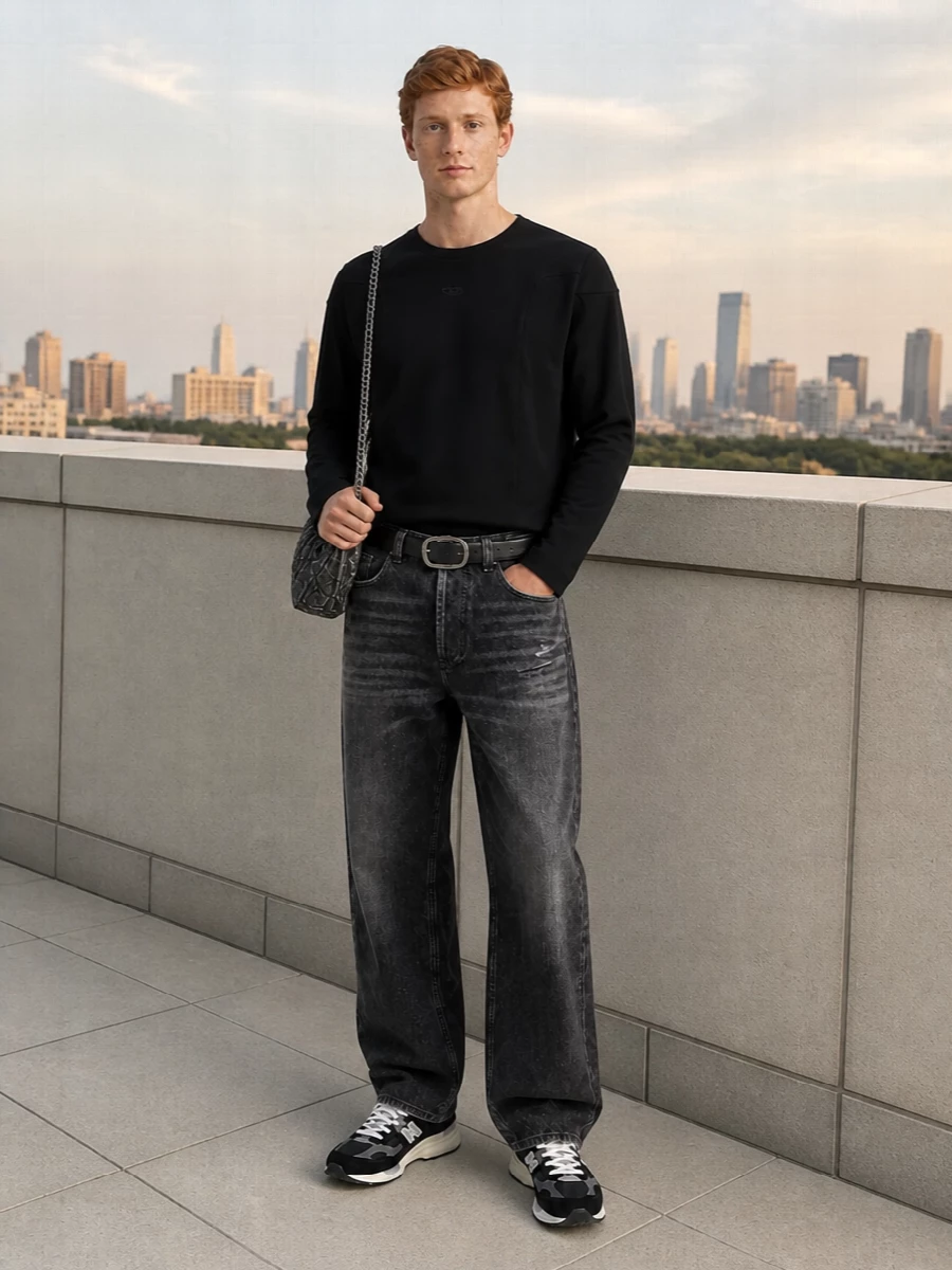 Diesel wide leg jeans black crew new balance sneakers