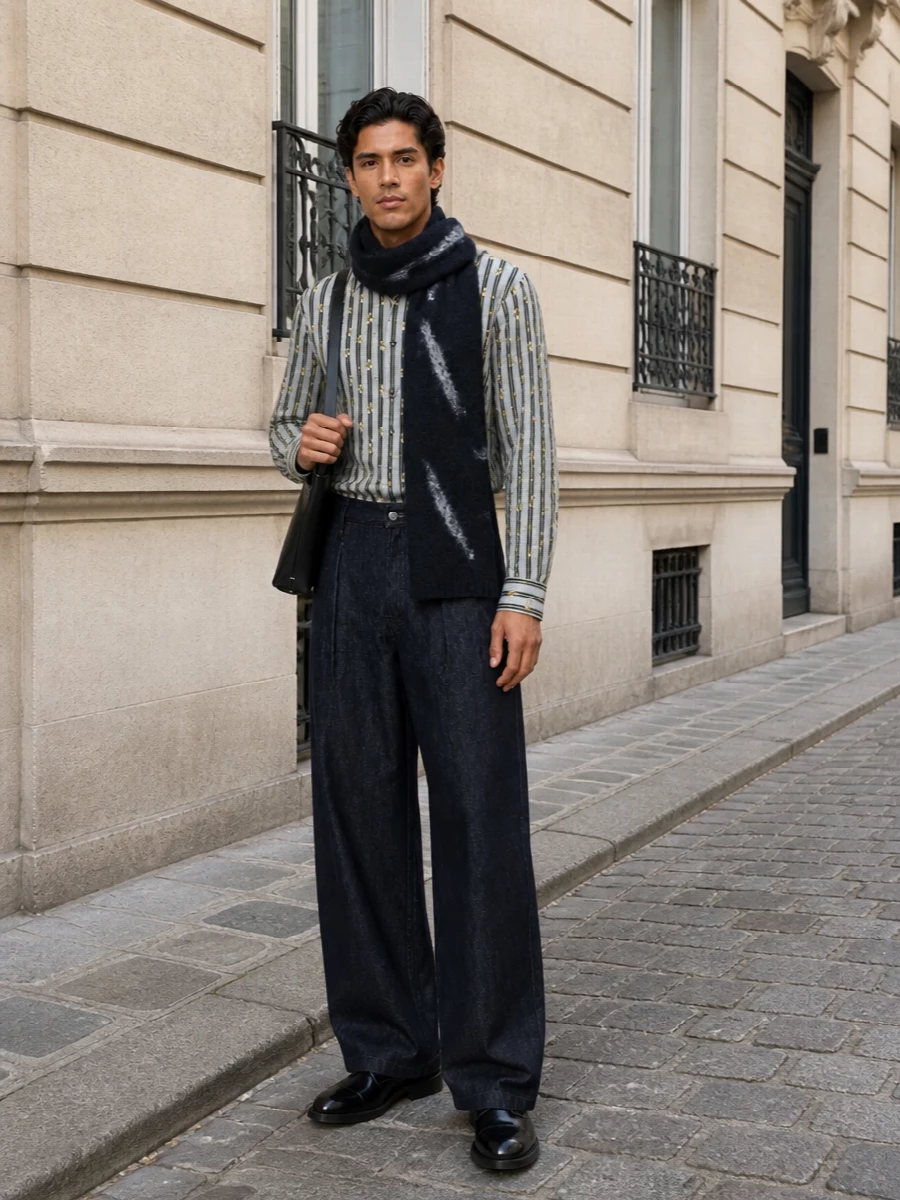 A romantic Dries shirt sits against dark indigo wide-leg denim for a graphic yet grounded take on smart casual. Polished black Derbies and a structured black shoulder bag hold the mood in tailored territory, while a charcoal scarf adds soft, painterly depth for colder days. It is an easy city uniform when you want personality, clean lines and discreet luxury in equal measure.
