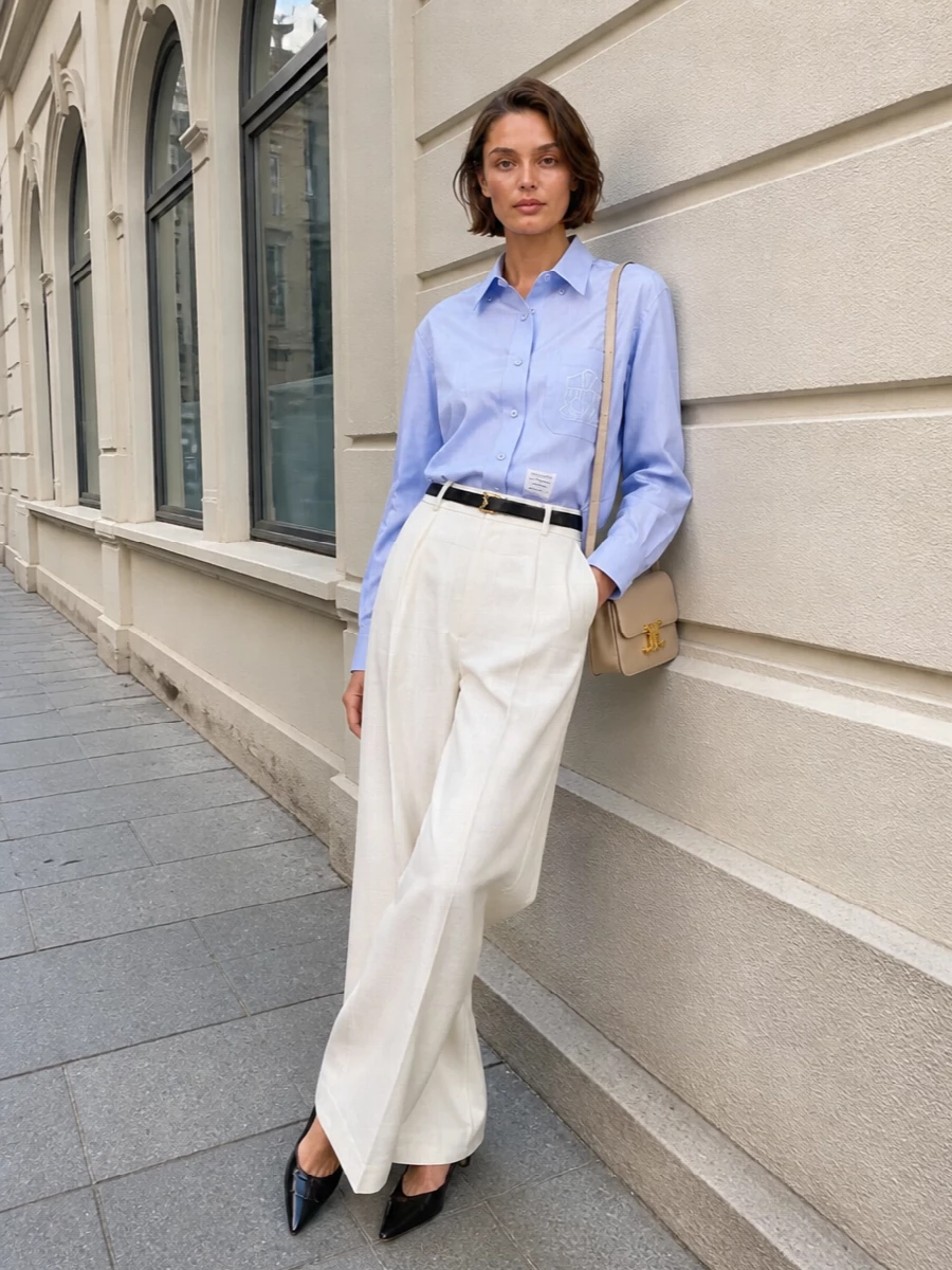 Thom browne wide leg trousers shirt outfit