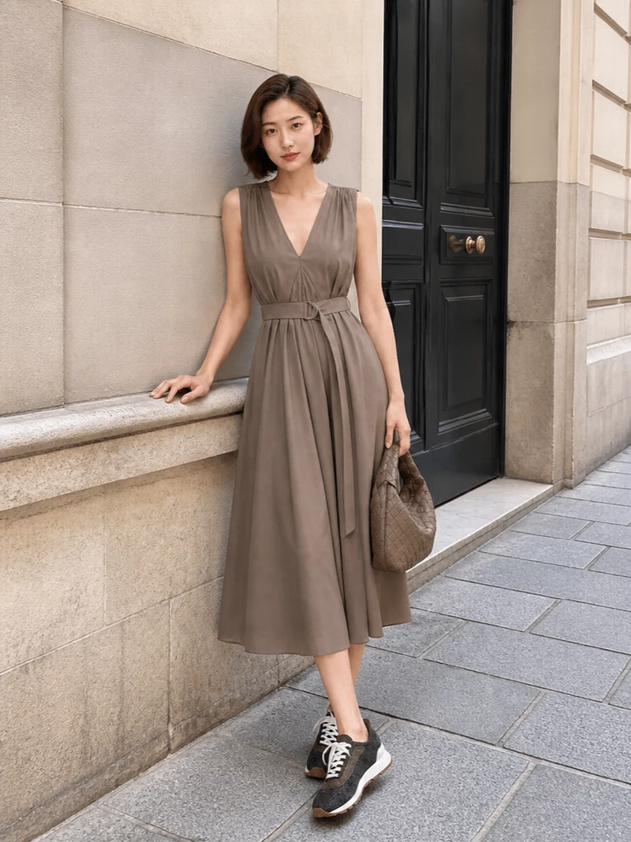 Taupe midi dress and sneakers outfit ideas