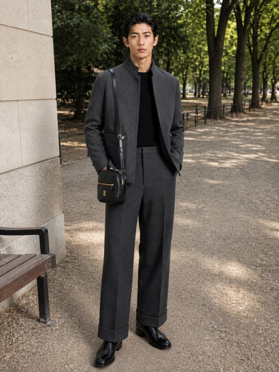 Valentino charcoal coat wide leg trouser outfit
