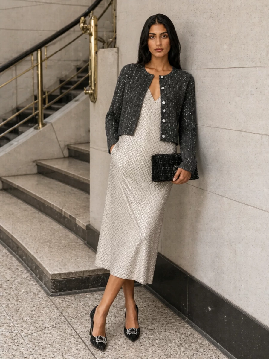 Dior sequin cardigan miu miu champagne midi dress