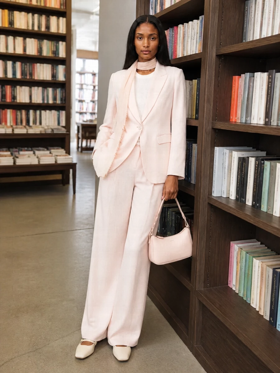 Soft blush tailoring meets fluid wide-leg trousers in a tonal pairing that feels polished yet gentle. Creamy low-heel flats and a curved blush shoulder bag keep the finish refined but relaxed. A feather-light blush scarf adds a whisper of texture without disturbing the calm palette.