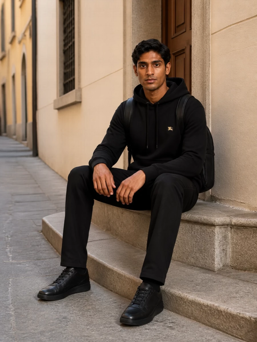 An all-black, logo-light mix that lets the Burberry gold crest be the only accent, grounded by sharp DRKSHDW trousers for a clean streetwear line. Church’s leather sneakers and a slim Montblanc backpack keep everything in the quiet, grown-up end of casual, making this an easy city uniform for day into evening. The effect is minimal, dark and precise rather than sporty, with texture doing the work instead of color.