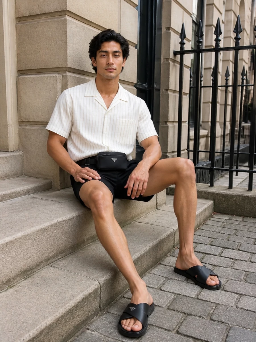 Ami swim shorts striped shirt prada slides