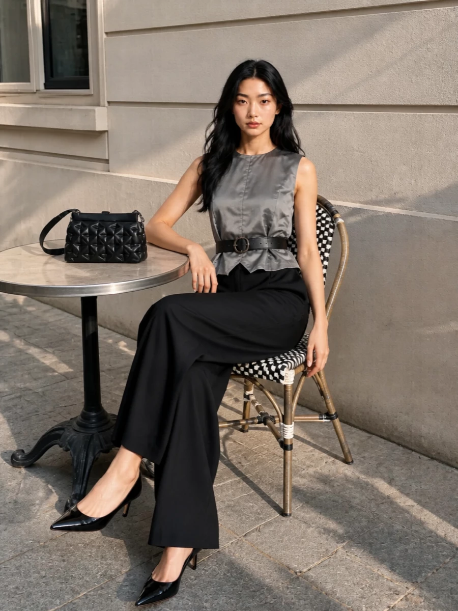 Mm6 satin top black wide leg trousers