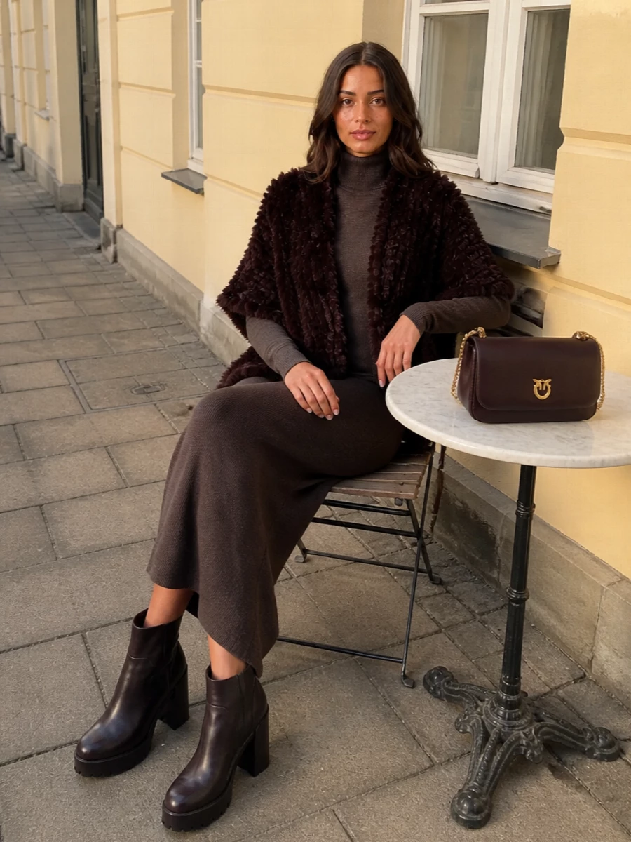 I am building around the dress rather than top and bottom, because a single mocha knit column under the faux-fur poncho keeps all that texture and volume feeling chic and deliberate instead of busy. The stacked dark brown ankle boots and structured chocolate flap bag deepen the tonal story, so the result reads like rich, winter chocolate from head to toe. It is relaxed enough for daytime yet quietly ready for dinner the moment you slip off the poncho.