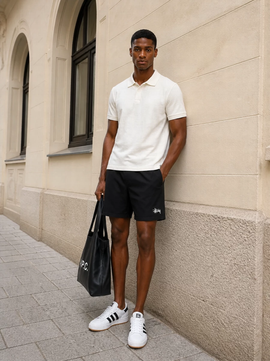 Stussy polo adidas sneakers apc tote outfit