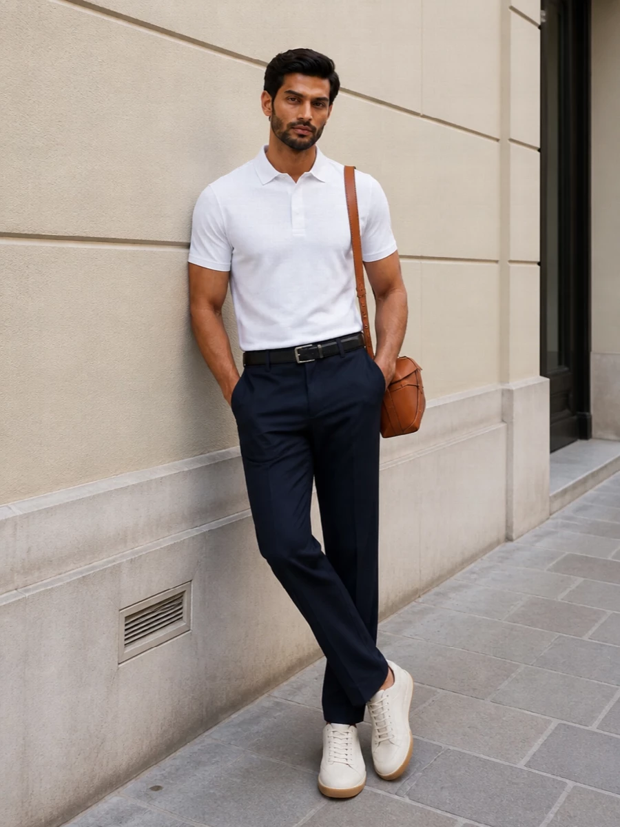 A white Zegna polo is paired with deep navy straight-leg trousers for a crisp, modern take on smart summer dressing that feels effortless yet polished. Cream leather sneakers keep the look relaxed but refined, while a tan structured Loewe bag and a slim leather belt introduce subtle contrast and architectural detail without disturbing the minimalist, quiet-luxury palette. The result is a versatile city uniform that moves easily from daytime meetings to understated evening plans.