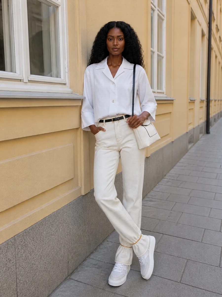 Darkpark ivory jeans white shirt sneakers