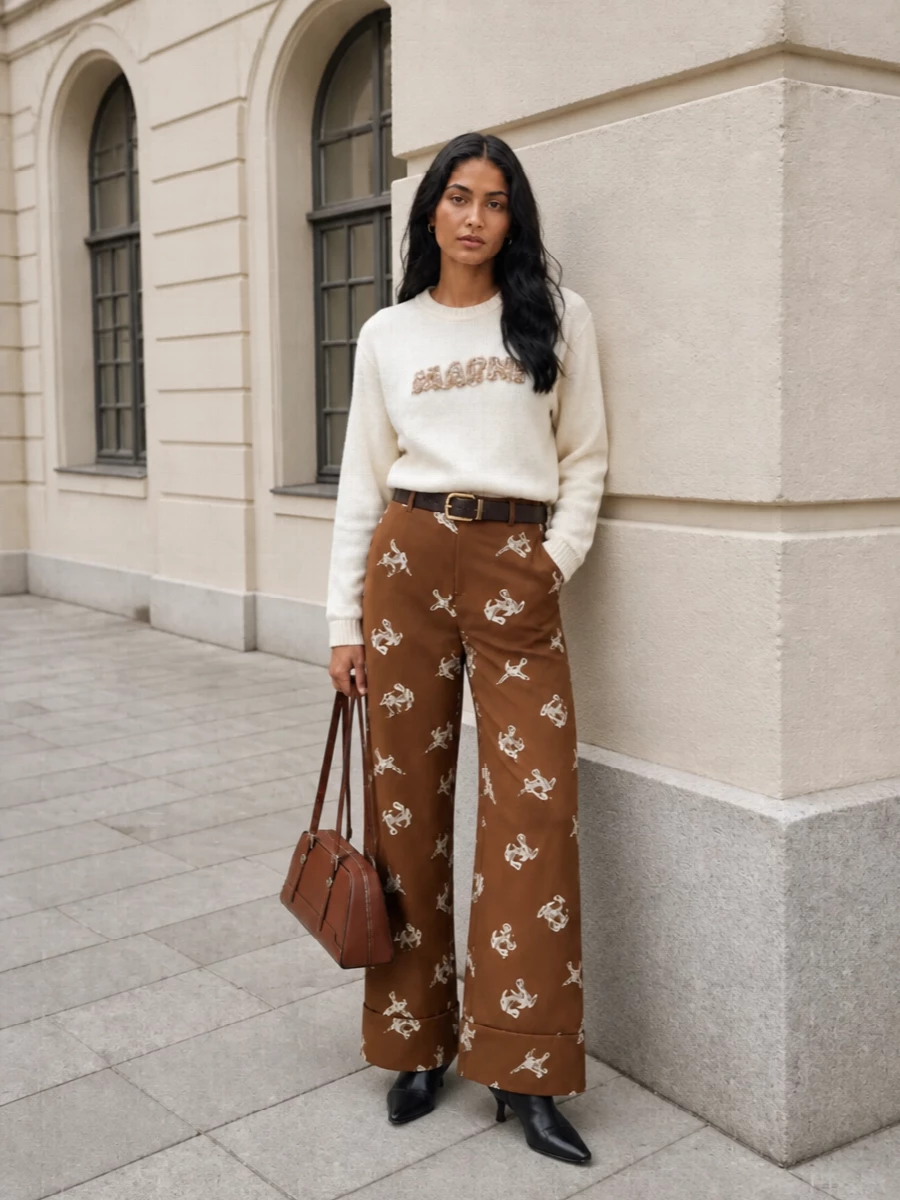 Marni brown floral wide leg trousers ivory knit