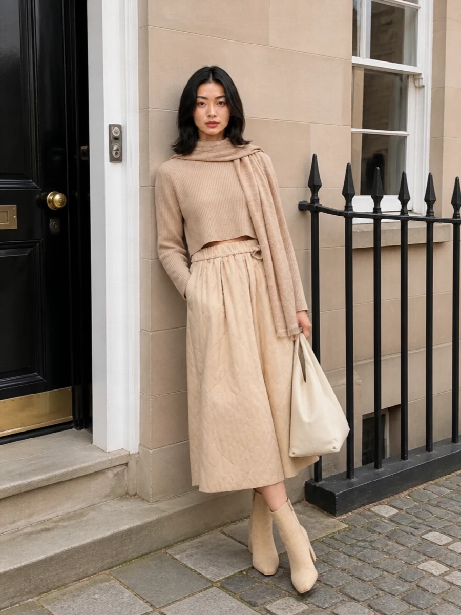 A column of warm neutrals lets the quilted midi skirt take center stage, grounded by a cropped ribbed knit that neatly meets its high waist. Sand-toned ankle boots and a softly structured cream tote keep the mood gentle but intentional. The whisper-light scarf ties the textures together, so the whole outfit feels calm, tactile and quietly refined for cooler days.