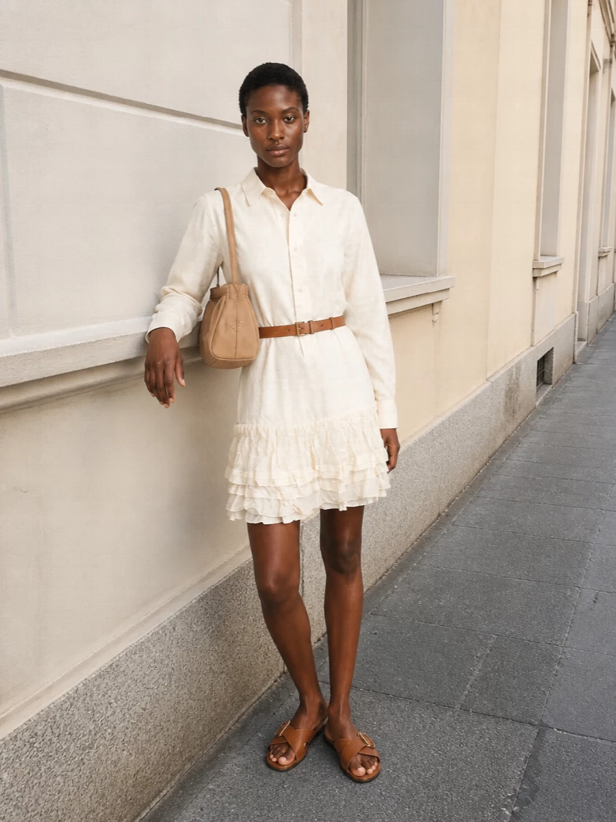 Prada ivory shirt dress tan leather accessories