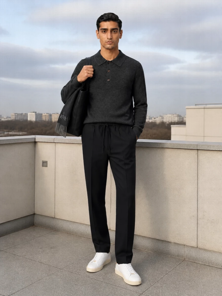 Charcoal-on-black keeps this combination calm and precise, with the ribbed polo and drawstring trouser meeting in that sweet spot between tailoring and ease. Soft white sneakers bring a touch of lightness and modernity at the floor, while the structured black tote and charcoal scarf reinforce a quietly confident city uniform for cooler months.