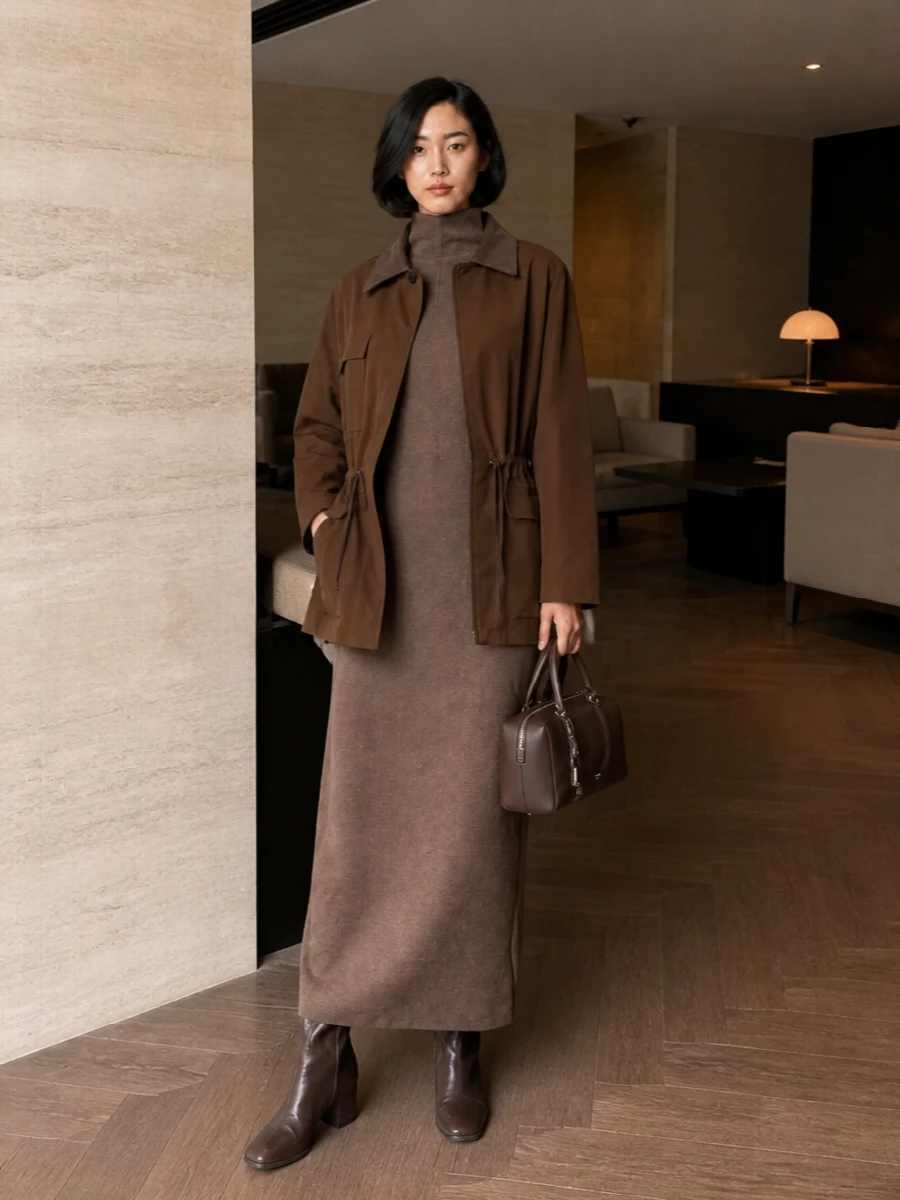 Max mara brown coat taupe knit maxi dress outfit