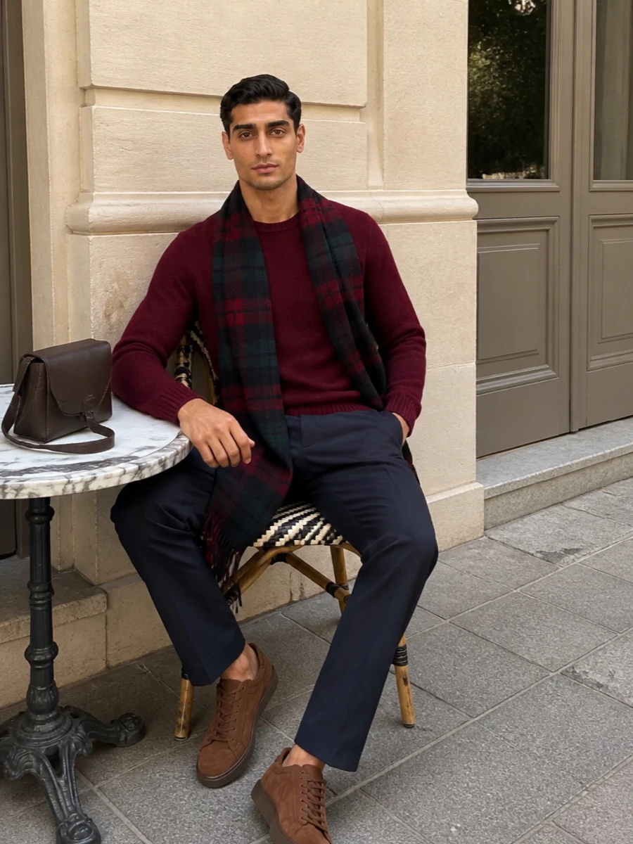 Drumohr burgundy sweater herno trousers outfit