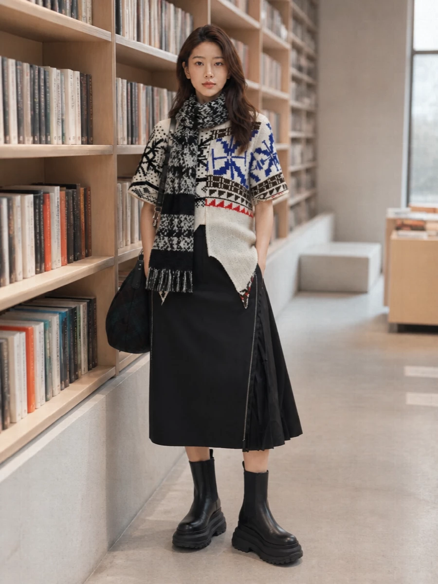 Sacai’s asymmetric Nordic knit is grounded with a spliced black midi skirt, keeping the silhouette directional but clean through the front. Chunky black platforms anchor the proportions, while a dark tartan hobo and graphic monochrome scarf tie the pattern play together without overwhelming the palette. The result is a street-preppy winter ensemble that feels clever, sculpted, and easy to wear from city daytime into low-key evenings.