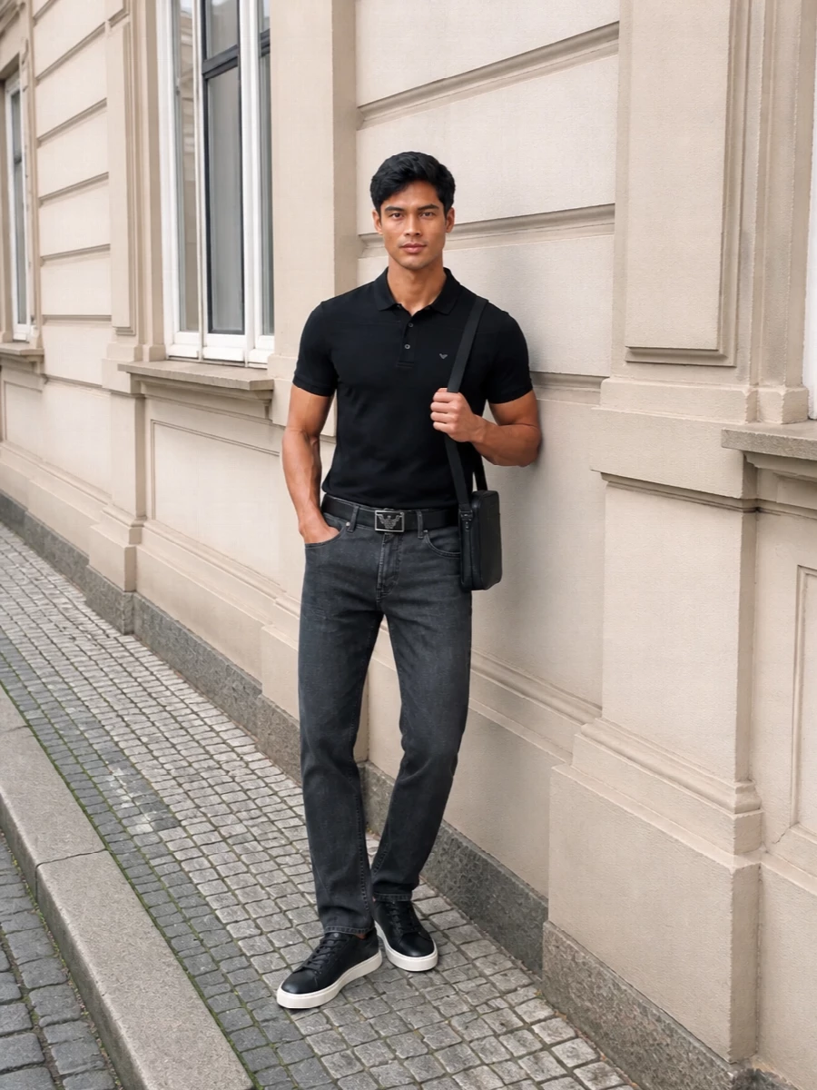Emporio armani black polo charcoal trousers outfit