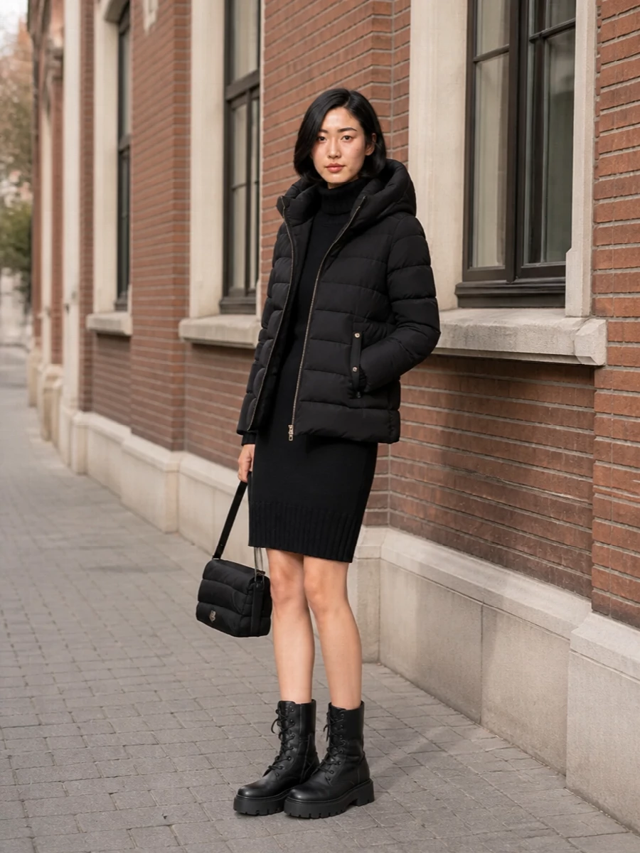Moncler black puffer turtleneck sweater dress outfit