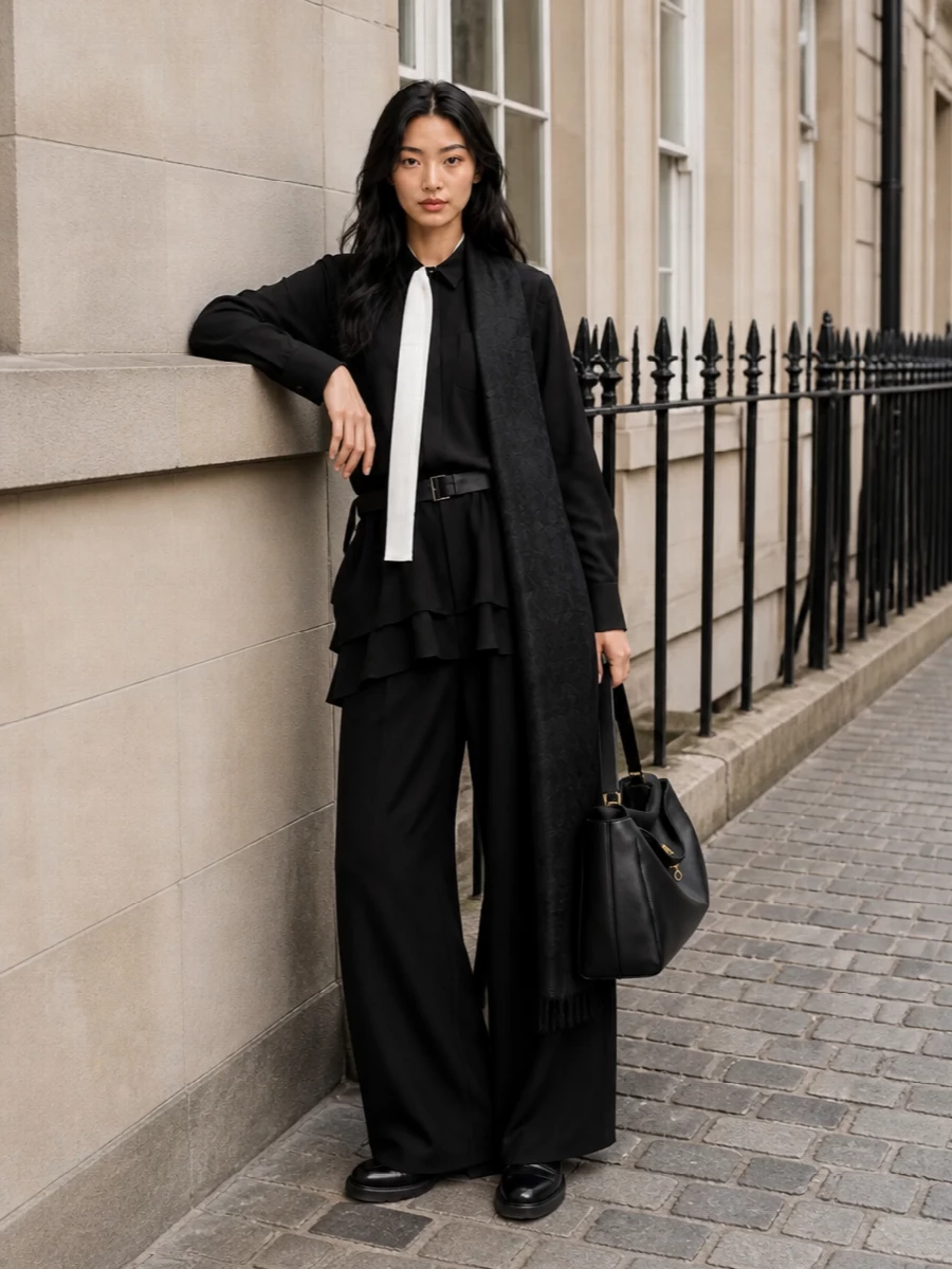Sacai shirt black wide leg trousers derbies