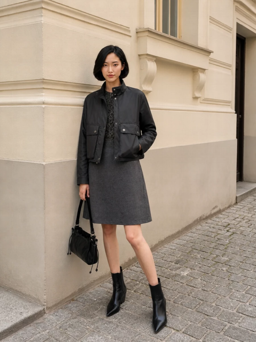 Prada charcoal cropped jacket tailored a line dress