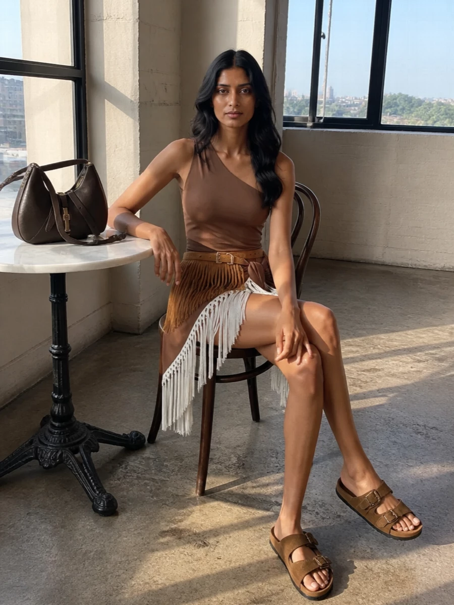 I’m building this around the dress path, because pairing the suede fringe belt with a fringed mini lets the source piece feel intentional and editorial rather than an afterthought on denim. Taller Marmo’s terracotta and ivory fringe speak the same language as the camel suede, so you get a tonal, swishy boho moment that still reads city-ready with flat suede slides and a structured chocolate hobo. The result is a warm, textured night-out outfit that feels relaxed in comfort but high-impact in movement and detail.