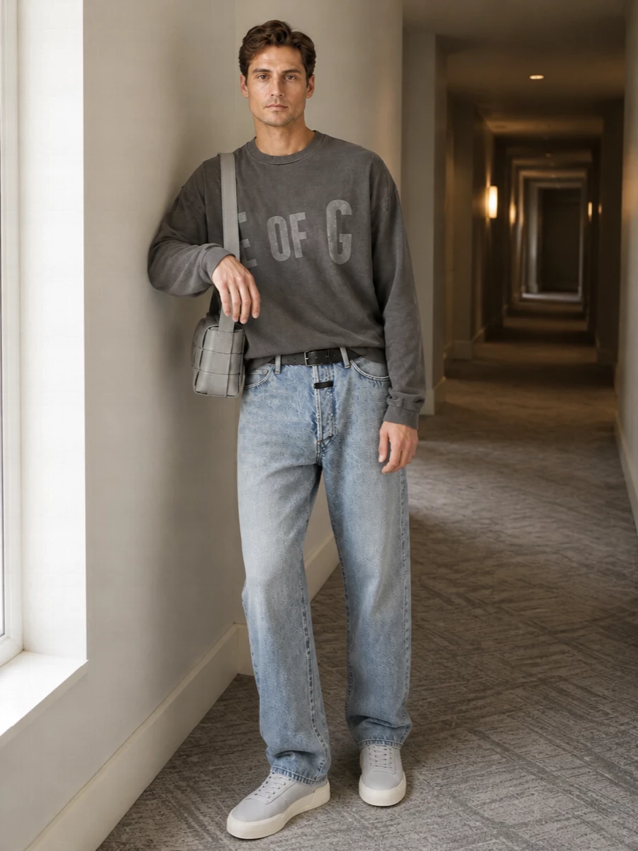 A washed charcoal Fear of God long-sleeve sits neatly over light stone denim, keeping the palette cool and minimal. Pale grey sneakers and a woven light grey shoulder bag carry that softness through, while a sleek black belt adds just enough definition without interrupting the ease. The result is a calm, designer-level take on off-duty denim that feels considered from every angle.