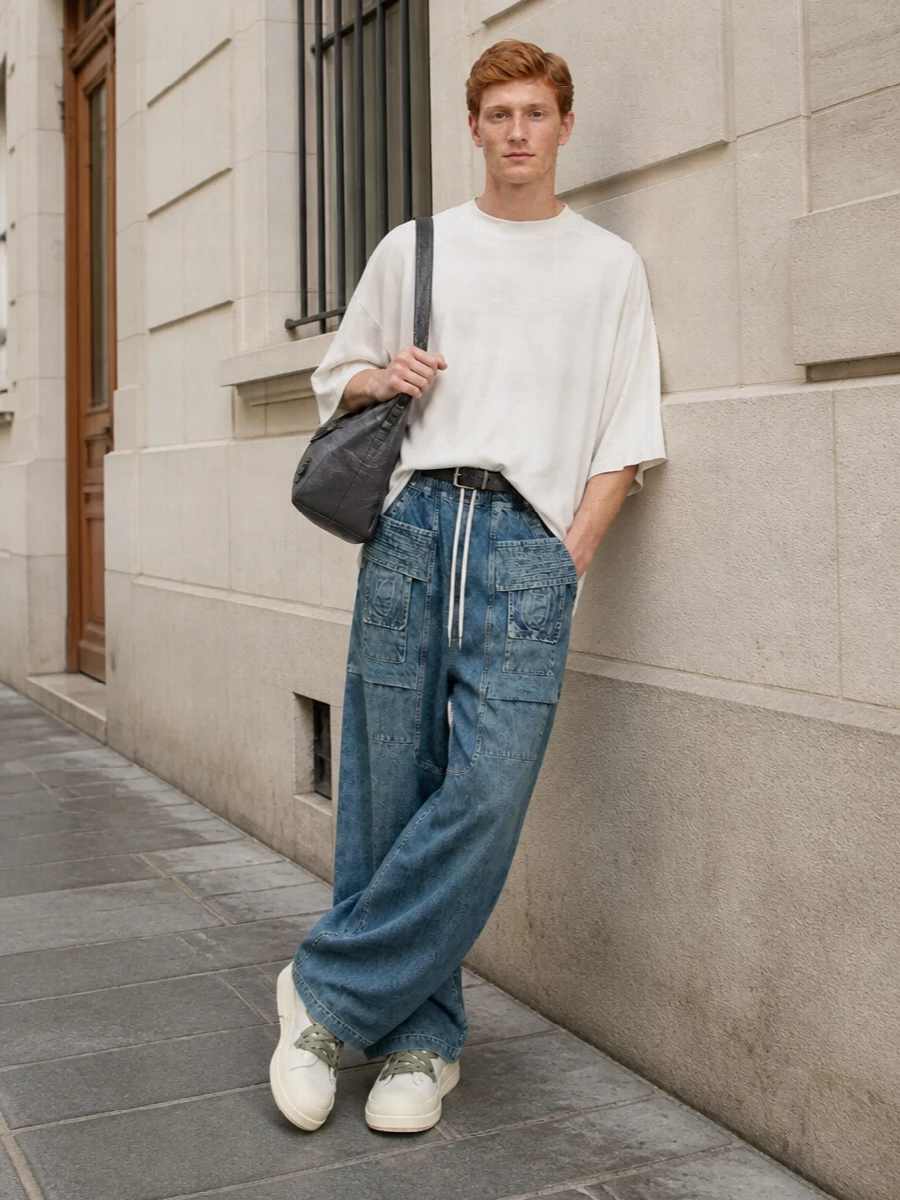 Washed blue, wide-leg DRKSHDW cargos are grounded by an oversized off-white tee, creating a light-on-top, heavy-below proportion that feels very Rick for warm weather. Off-white and sage high-top sneakers extend that airy palette while adding the necessary chunk to anchor the volume, and a crinkled charcoal Balenciaga shoulder bag plus a discreet black belt sharpen the look just enough without disturbing its slouchy, grunge-utility ease.