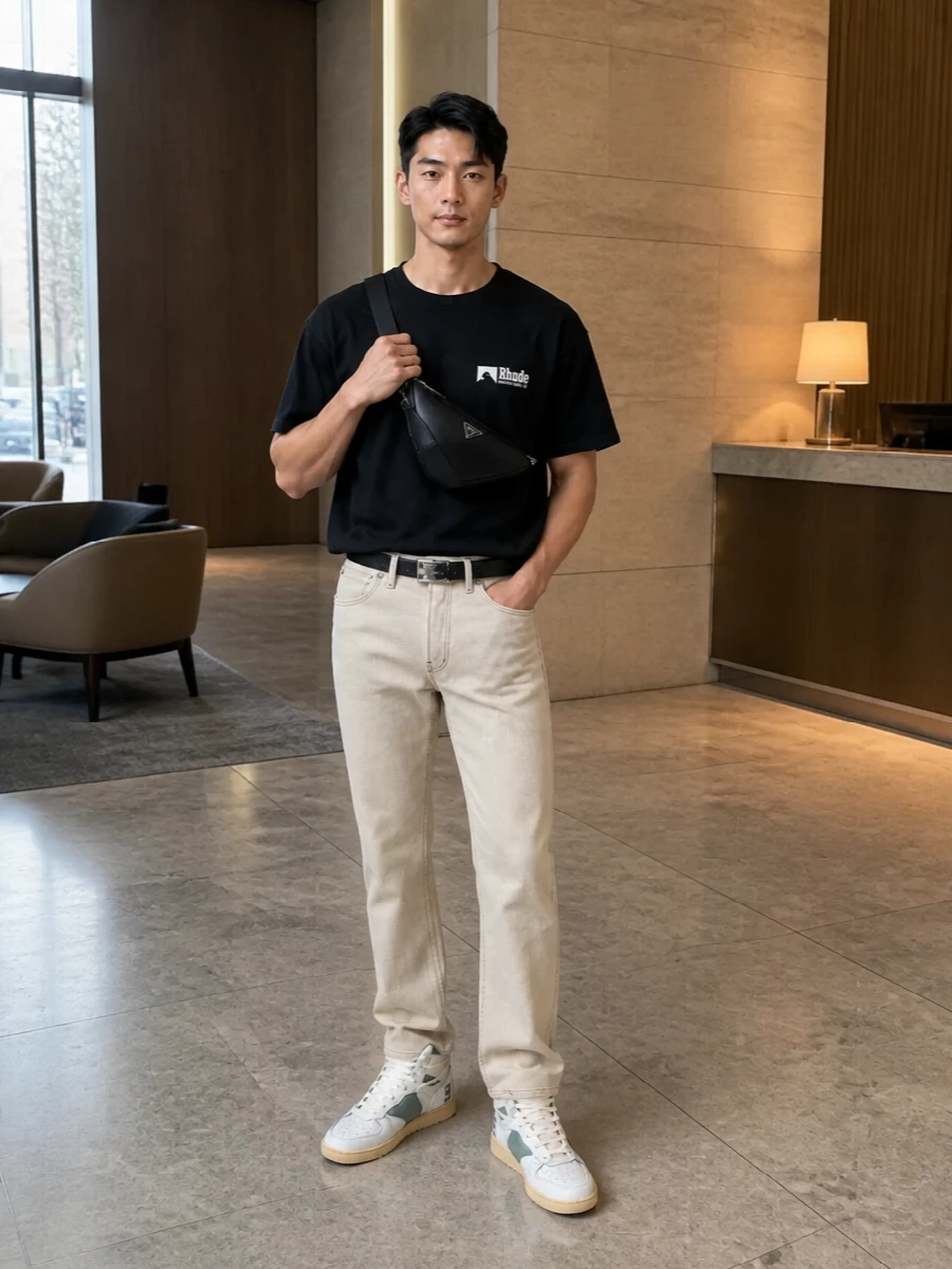 Rhude black tee beige jeans prada bag