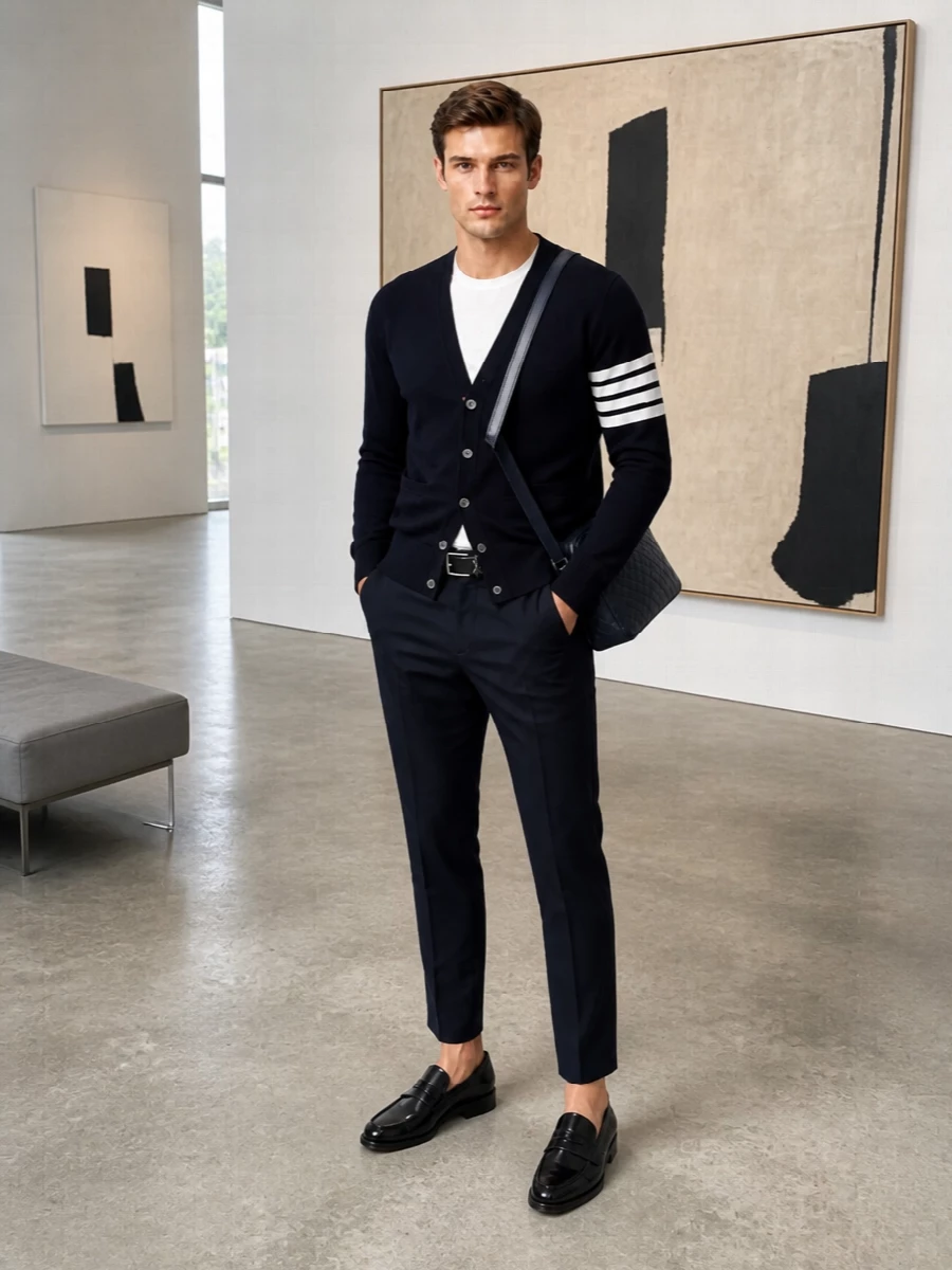 Thom browne navy cardigan cropped trousers outfit