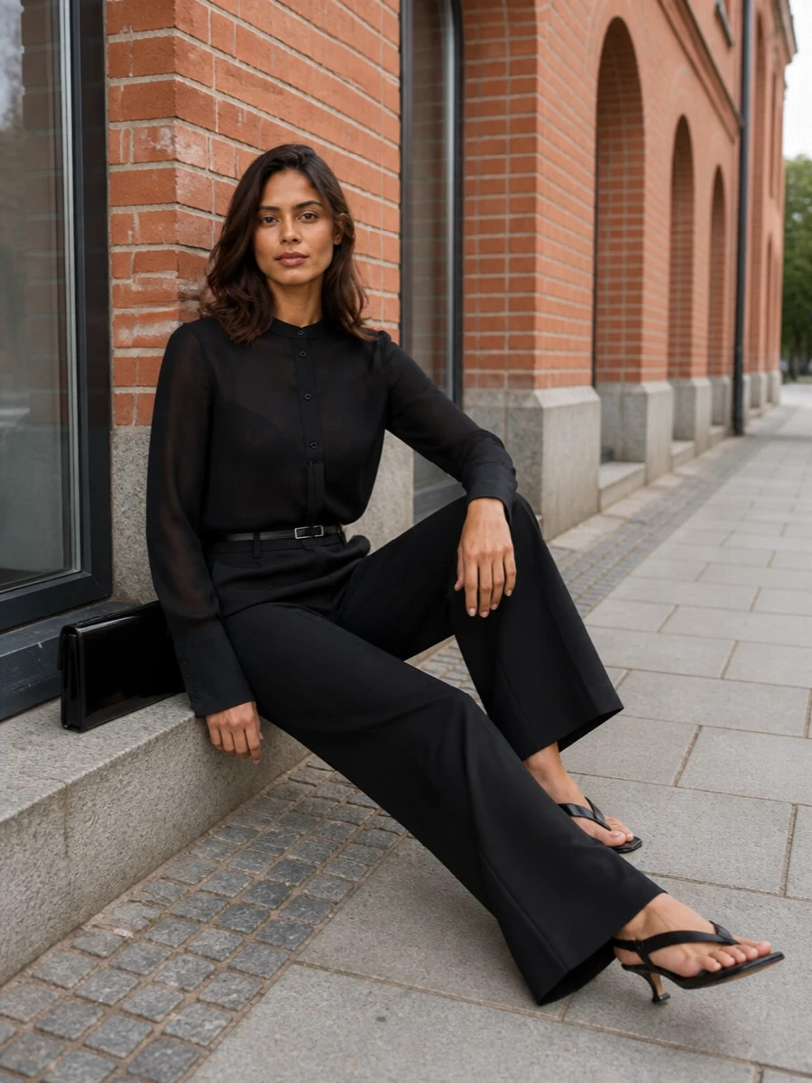 An all-black Totême column that reads precise and restrained, where the sheer mandarin shirt floats over sharply pressed wide-leg trousers. The low-heel slingback keeps it dinner-appropriate yet easy, while a slim belt and graphic shoulder bag bring just enough structure and shine. It is a clean, quiet choice for evenings when you want polish that feels intentional but never forced.