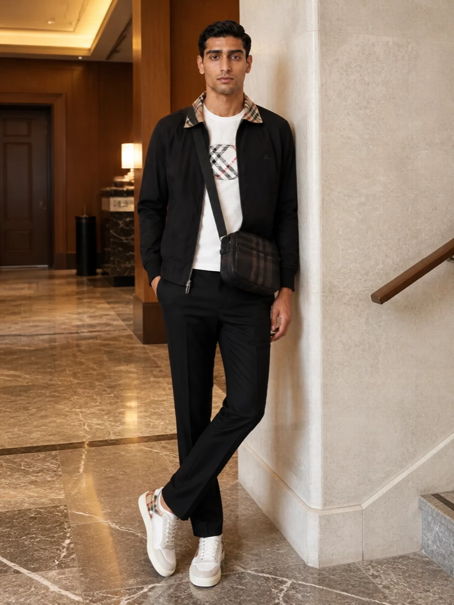 Burberry bomber black chinos white sneakers