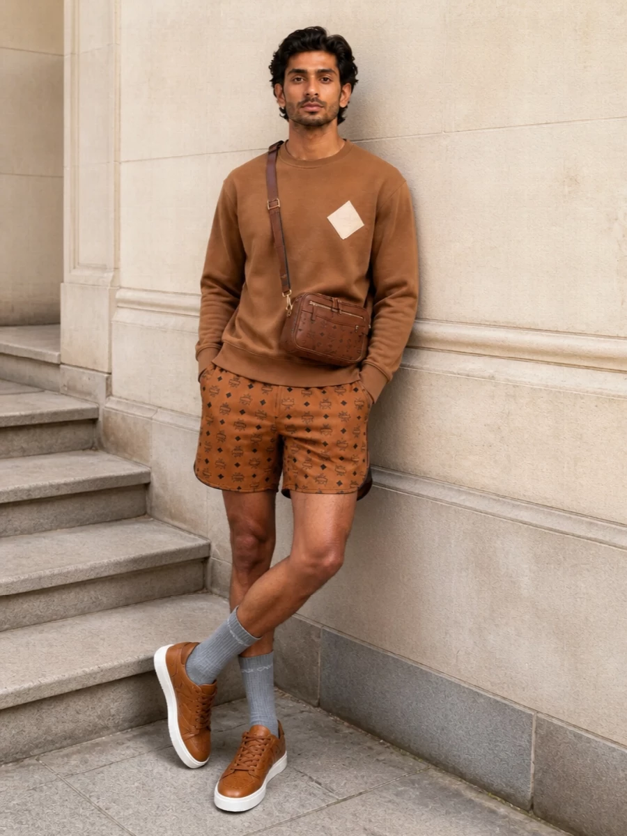 Mcm cognac shorts camel sweatshirt outfit