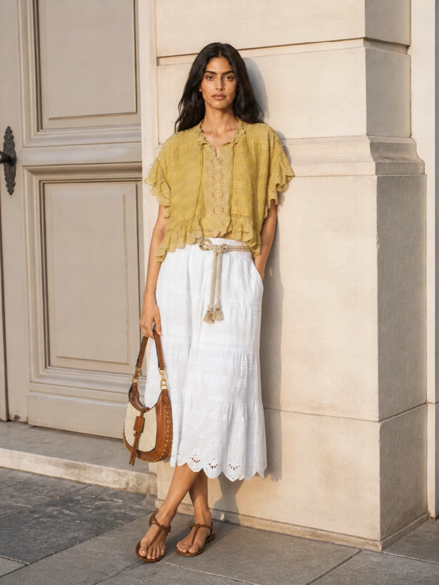 A sun-washed romantic take on Isabel Marant Étoile, pairing the scalloped mustard blouse with a matching eyelet tiered white midi. Flat taupe T-strap sandals and a woven cream hobo keep it light and easy for warm days, while a braided rope belt softly defines the waist. The mix of embroidery, broderie and raffia textures feels bohemian yet quietly polished in a soft, golden-neutral palette.