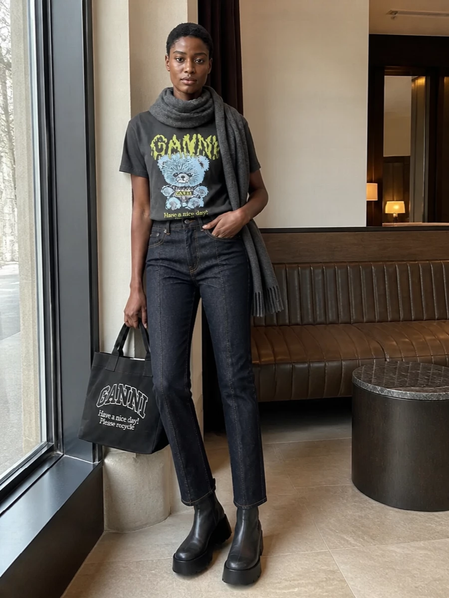 Ganni graphic tee dark jeans platform boots