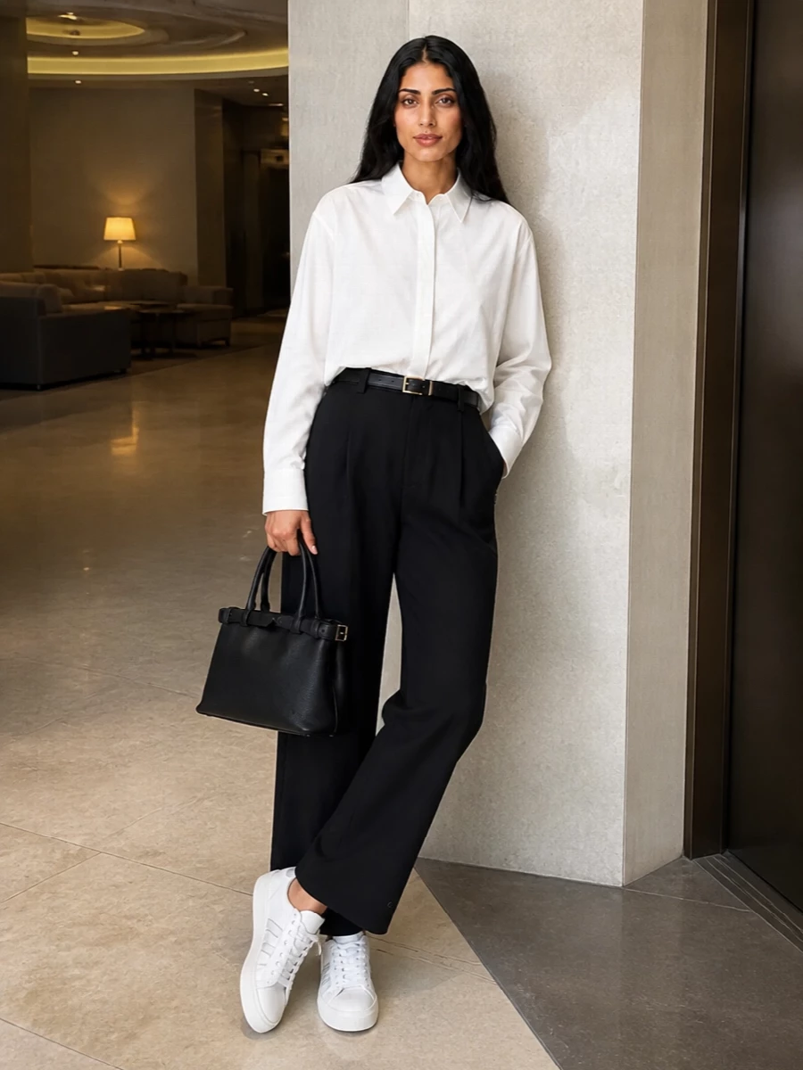 Moncler black trouser white shirt prada bag