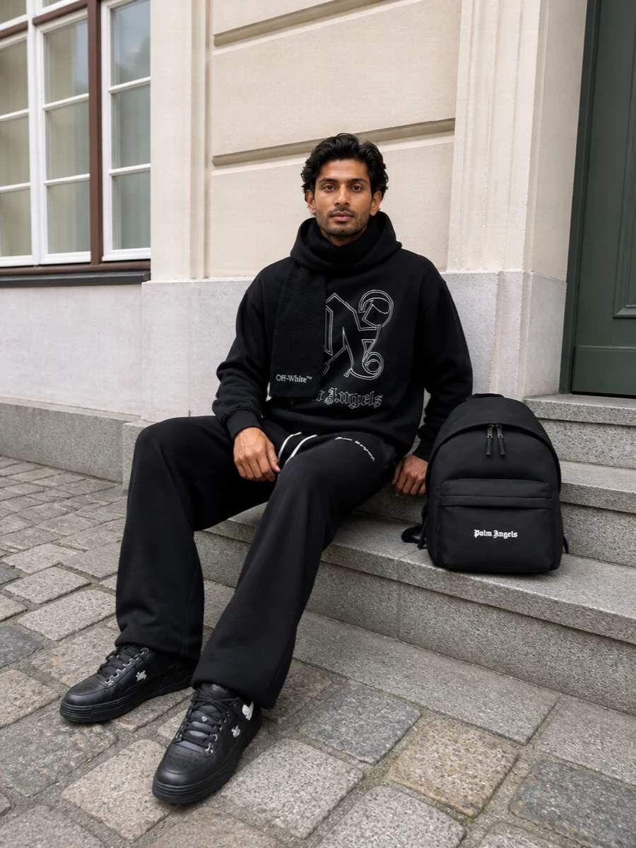 Palm angels hoodie wide black track pants amiri sneakers