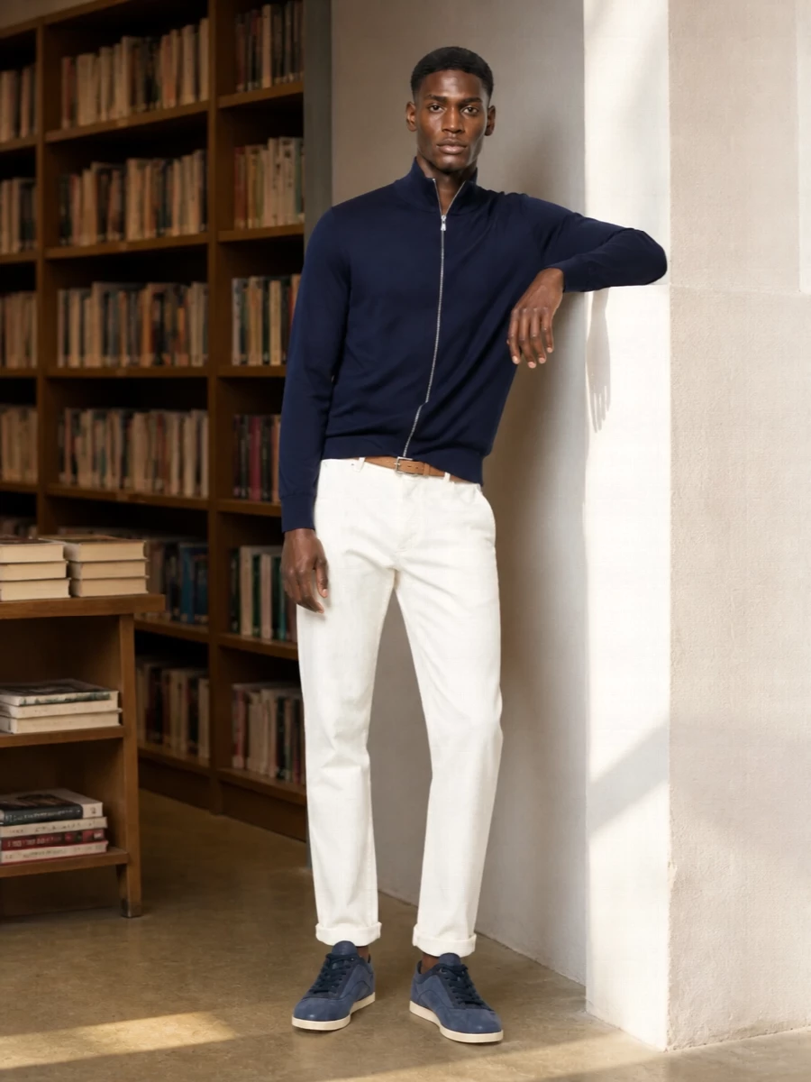 Brunello cucinelli navy zip sweater ivory trousers