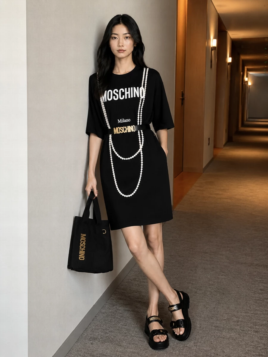 Moschino black t shirt dress platform sandals