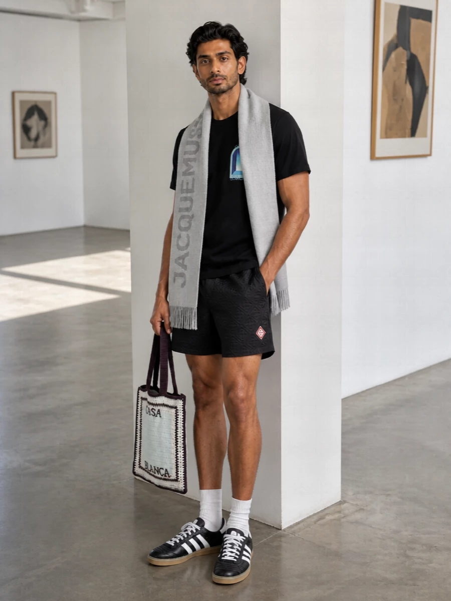 Graphic street-sport energy, anchored in black with hits of cool color, keeps this Casablanca tee and short pairing sharp but relaxed. Terrace-style Adidas sneakers ground it in the city, while the crochet tote and soft scarf add just enough texture and personality for cooler off-duty days. It is an easy uniform for coffee runs, gallery afternoons or travel when you want comfort with a clear point of view.