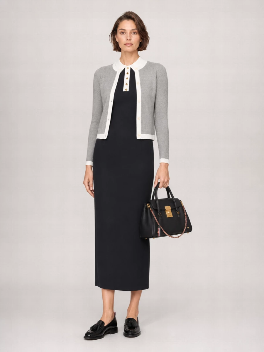 I chose the dress route to keep the silhouette long, clean and confidently formal under the fitted knit jacket, rather than competing layers of cardigan on cardigan. The ink navy column against heather grey and ivory trim reads like a razor-sharp modern uniform, finished with black tassel loafers and a structured top-handle bag for a quietly powerful city presence. It is a head-to-toe Thom Browne story in precise neutrals, ideal for serious days that still want character.