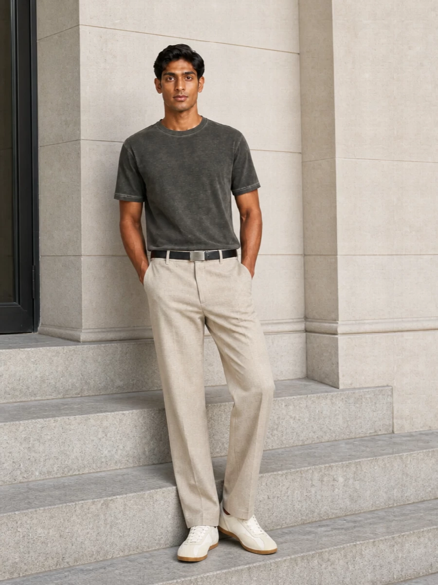 Sefr charcoal tee beige trousers trainers